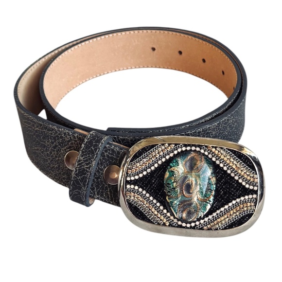 Leatherock Black Crackle Leather Belt Embellished Oval Buckle main image 5